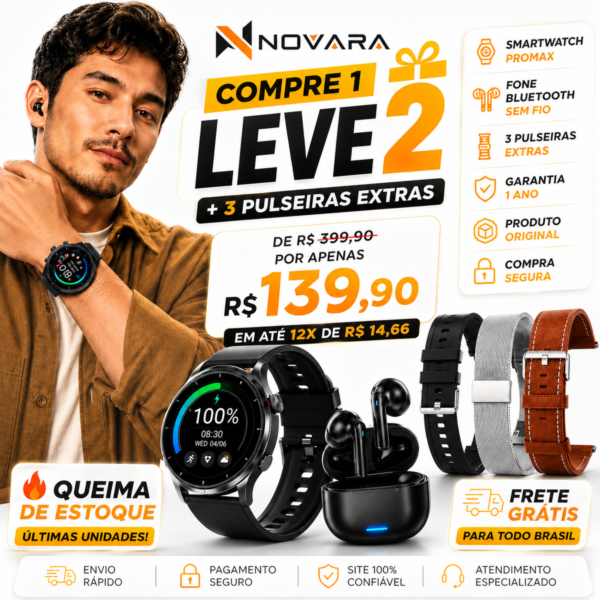⌚ [COMPRE 1 LEVE 2] 🎁 SMARTWATCH PROMAX + FONE BLUETOOTH + 3 PULSEIRAS EXTRAS 🔥 QUEIMA DE ESTOQUE 🚨