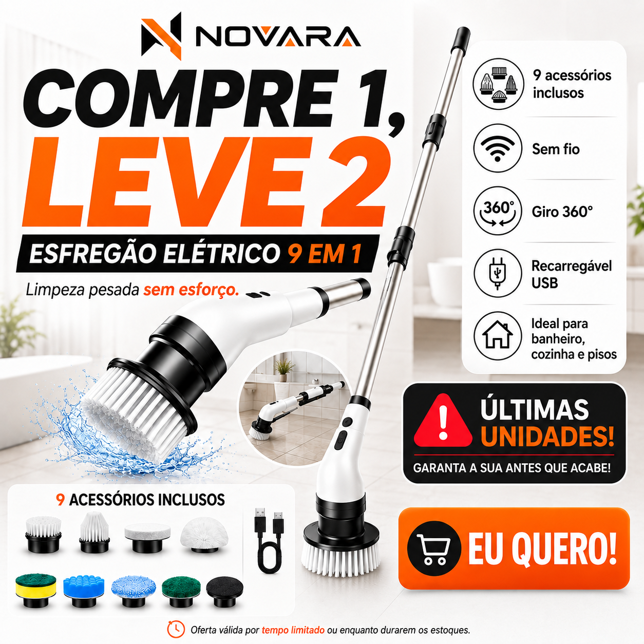 🚨 [Compre 1 Leve 2]  Esfregão Elétrico 9 Em 1 Sem fio Escova De Limpeza Pesada Multiuso 360 Recarregável Giratória. Queima de estoque restam 13 unidades🔥🔥