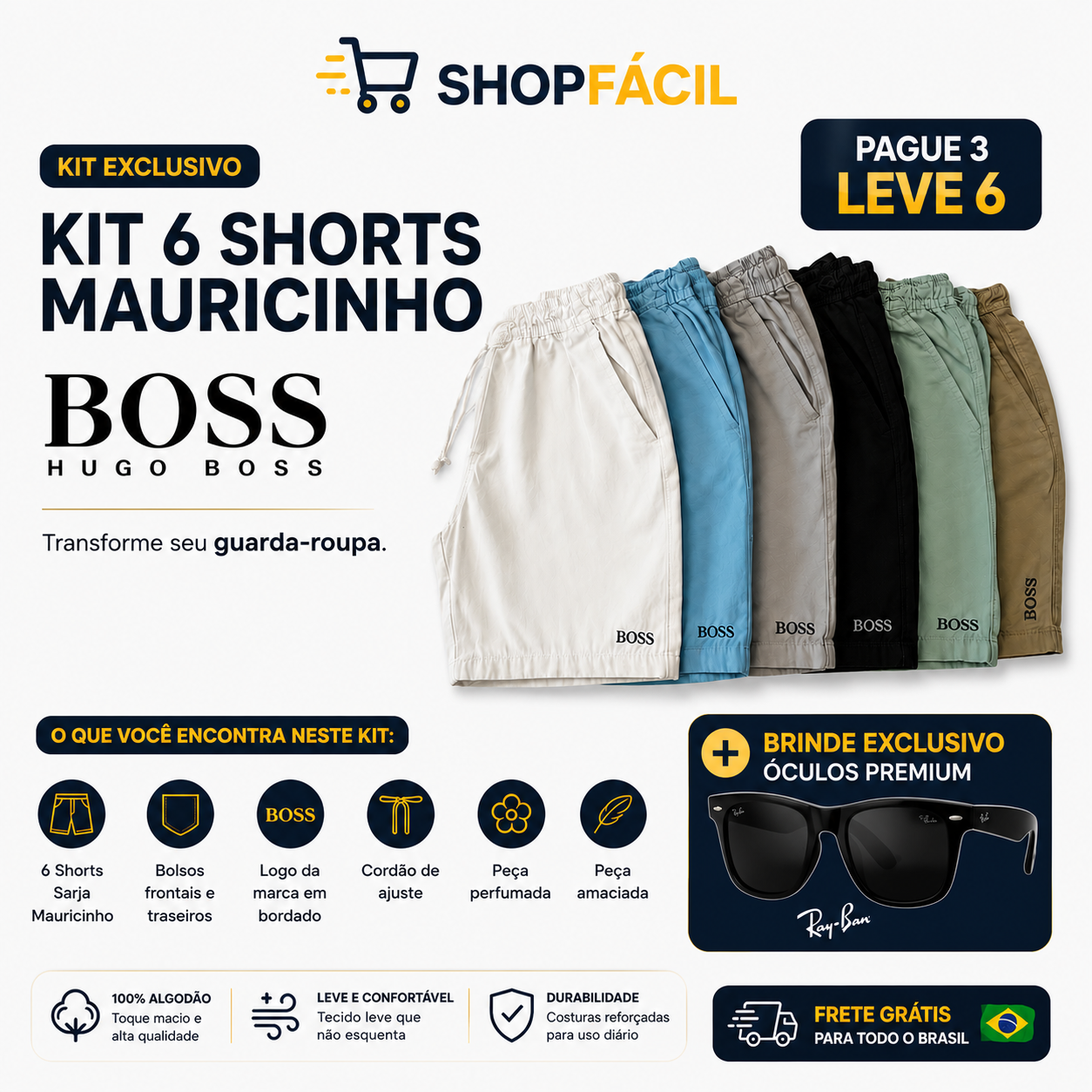 🩳 [PAGUE 3 LEVE 6] 🎁 Kit 6 Shorts Mauricinho Premium + BRINDE: Óculos Premium 🔥 Promoção Queima de Estoque 🚨 NÃO PERCA ESTE SUPER DESCONTO INÉDITO!!