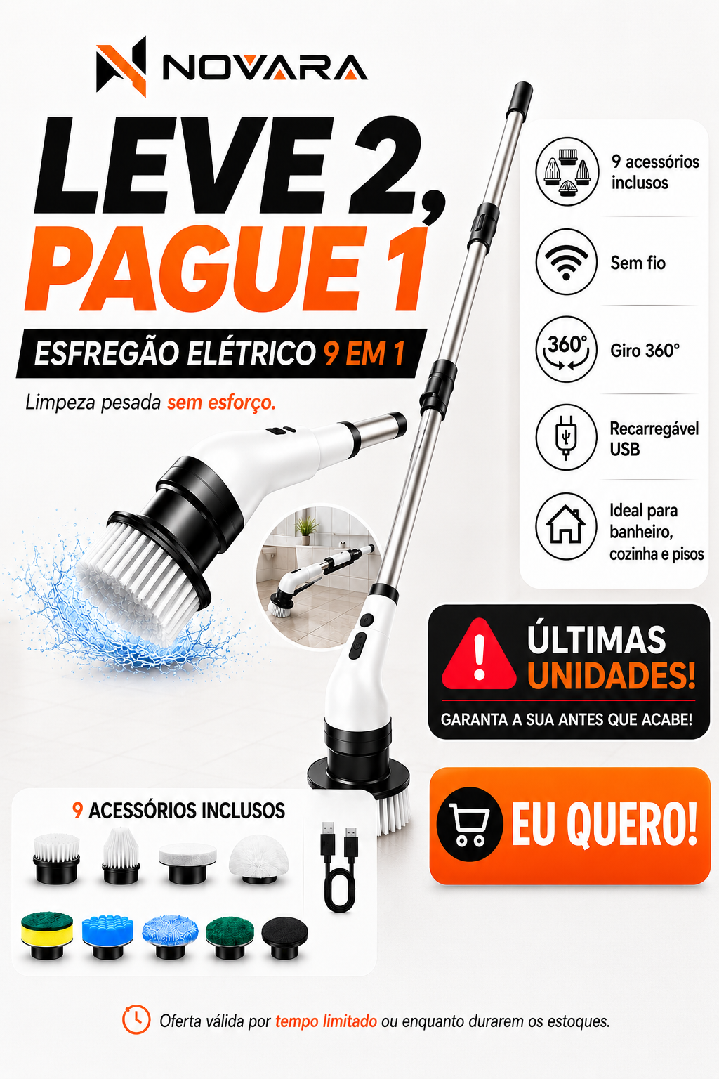 🚨 [LEVE 2, PAGUE 1] ESFREGÃO ELÉTRICO 9 EM 1 SEM FIO – LIMPEZA PESADA, GIRO 360° E RECARREGÁVEL | QUEIMA DE ESTOQUE: RESTAM APENAS 13 UNIDADES 🔥🔥