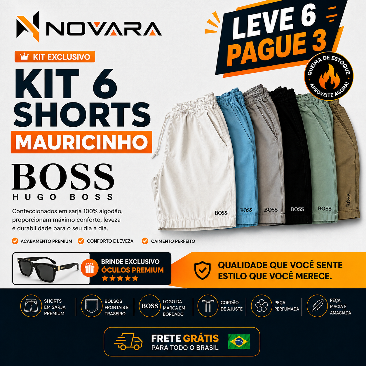 🚨[LEVE 6, PAGUE 3] KIT 6 SHORTS MAURICINHO PREMIUM + ÓCULOS EXCLUSIVO DE BRINDE 🎁 RENOVE SEU GUARDA-ROUPA PAGANDO METADE 🔥  QUEIMA DE ESTOQUE: ÚLTIMAS UNIDADES COM ESTE DESCONTO! 🩳