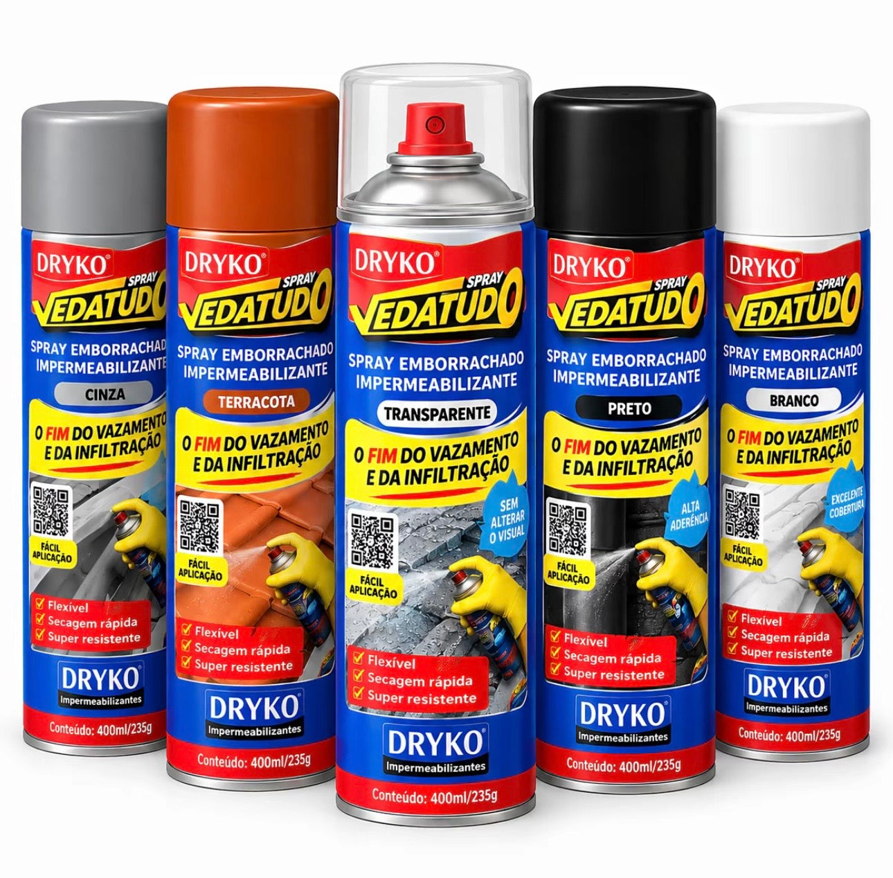 🚨  KIT COMPLETO 5 CORES – LEVE TODOS OS SPRAYS VEDATUDO IMPERMEABILIZANTE 400ML + LUVAS, ESPÁTULA E FITA VEDA TRINCA 🔥