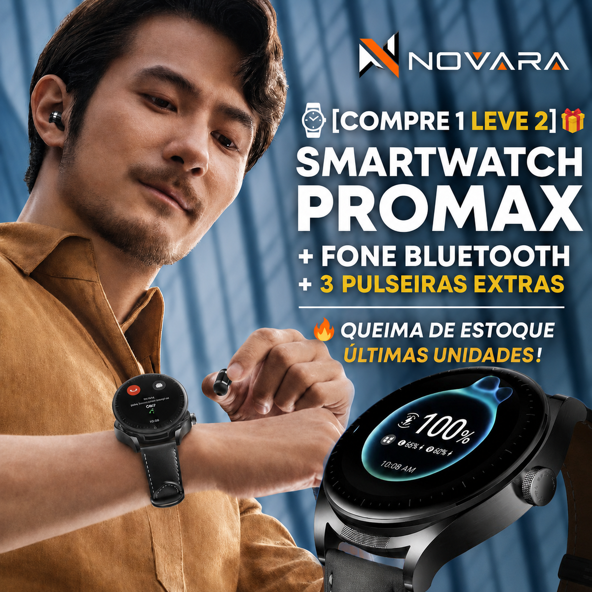 ⌚ [COMPRE 1 LEVE 2] 🎁 SMARTWATCH PROMAX + FONE BLUETOOTH + 3 PULSEIRAS EXTRAS 🔥 QUEIMA DE ESTOQUE 🚨