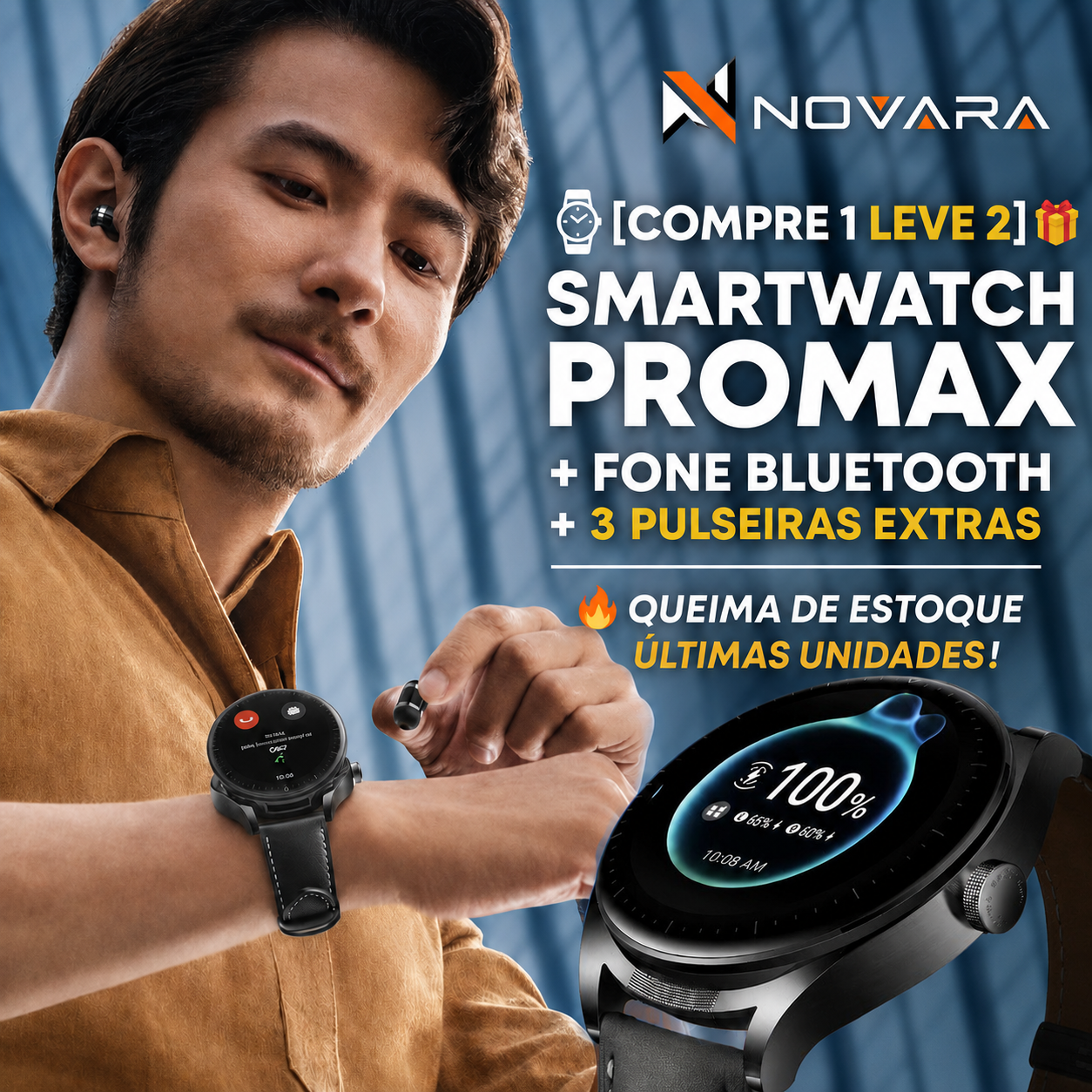 ⌚ [COMPRE 1 LEVE 2] 🎁 SMARTWATCH PROMAX + FONE BLUETOOTH + 3 PULSEIRAS EXTRAS 🔥 QUEIMA DE ESTOQUE 🚨